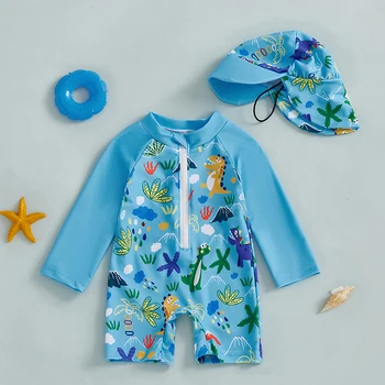 0-5 Jahre Kinder-Jungen-Rashguard-Badeanzüge, Haifisch-Aufdruck, langärmelig, halber Reißverschluss, Badeanzug
