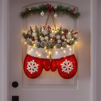 Weihnachtshandschuh-Kranz mit Licht und hellem Design, Kranz zum Aufhängen von Ornamenten für Weihnachten