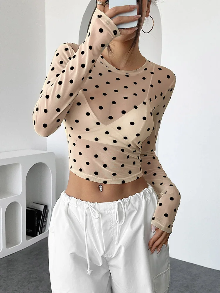 Damen Polka Dots Langarm Mesh Tops Sexy Durchsichtige