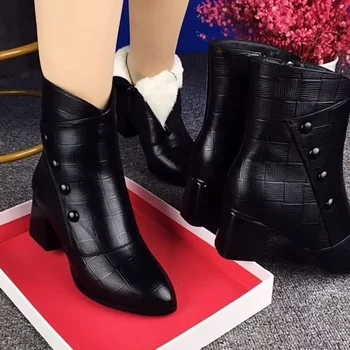 Damenmode Stiefeletten weiblich Herbst Winter neue spitze quadratische Absätze schwarz Retro Kleid Party Damen