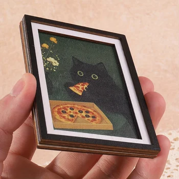 Exquisiter Mini 3-Schicht-Fotorahmen Kühlschrankmagnet, Schwarze Katze & Pizza-Muster, Lustige Wohndekoration