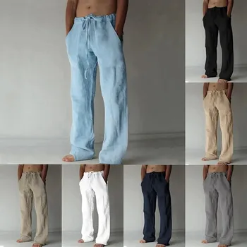 Männer Baumwolle Leinen Lange Hosen Sommer Einfarbig Atmungsaktive Leinen Hosen Männlichen Casual Elastische