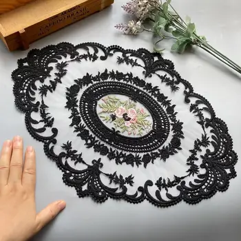 30 cm x 43 cm schwarze Blumen-Spitzen-Applikationsbesatz für Sofa, Vorhang, Handtuch, Bettdecke, Besätze