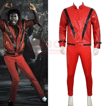 Michael Jackson Cosplay Rotes Kunstleder-Kostüm Halloween-Party Bühnenauftritt Rollenspiel Komplettes Outfit
