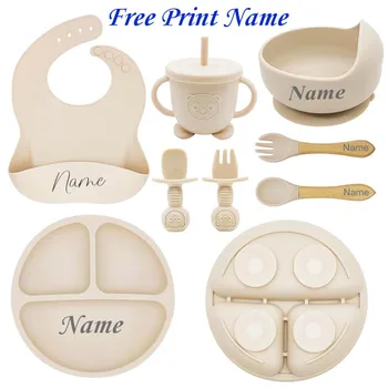 Personalisierte Name Baby Fütterung Set Kinder Silikon Platte Schüssel Stroh Tasse Angepasst kinder Geschirr