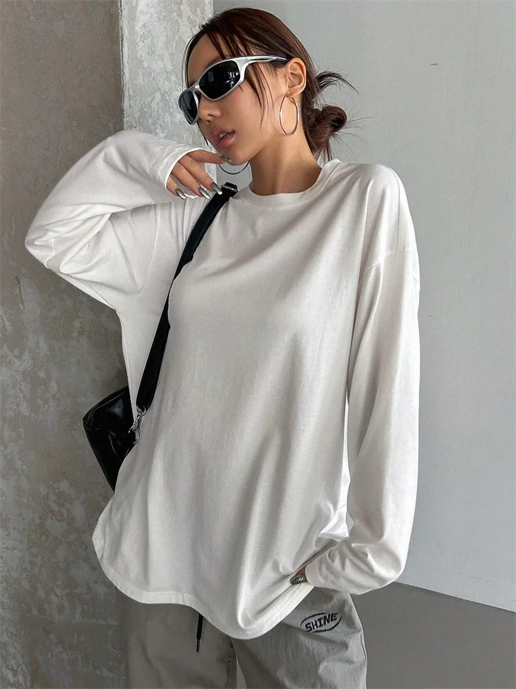 Frauen Grundlegende Lange Hülse Lose Oansatz T-shirt Herbst – Bild 4