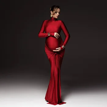 Umstandsfotografie-Requisiten-Kleid, elastisch, schmale Passform, Stehkragen, langärmelig