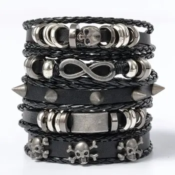 DIY-Armband-Set aus geflochtenem Metall im Punk-Stil, mit Pu-Leder und Perlen (5 Stück)