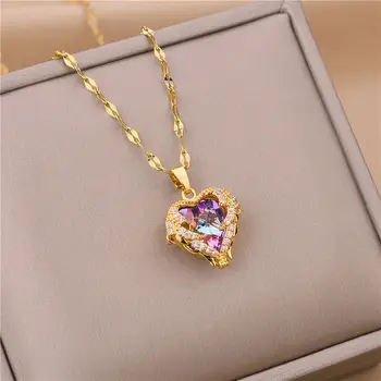 Top Luxus Bunte Kristall Ozean Herz Anhänger Halskette Für Frauen Trendy 316L Edelstahl Schmuck Weibliche