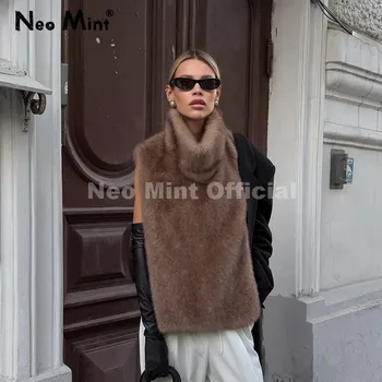 Neo Mint 2025, Marke Mode, Kunstpelz, Zobelweste, bauchfreies Top, Herbst-Winter, Rollkragen