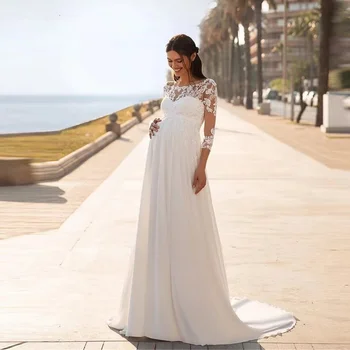 Umstandshochzeitskleid Dreiviertelärmel Spitzenapplikationen Empire-Taille Chiffon Brautkleid Tiefer