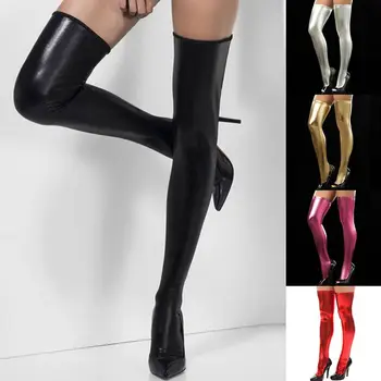 Frauen Oberschenkel hohe Socken über Knie Socken Pu Leder lässig lange Overknee Socken schwarz rot silber gold