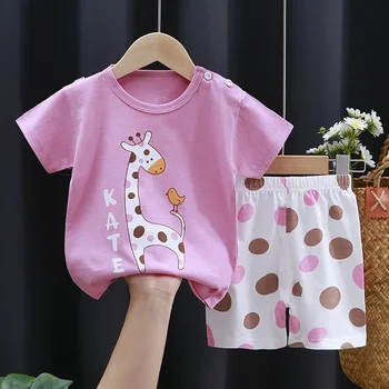 2-6 Jahre Baby Mädchen Sommer Set Kinder Kurzarm Shorts Anzug Baumwolle T-Shirt kleine Mädchen Einhorn Giraffe