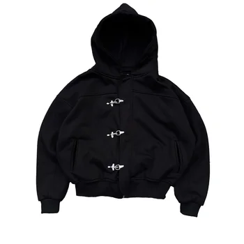 Modische amerikanische Retro Y2K Design Sense High Street Persönlichkeit Knopf einfarbig Hoodie Langarm