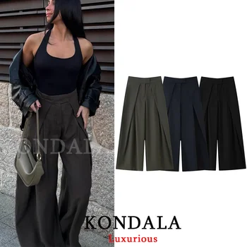 KONDALA Casual Chic Breite Bein Hosen Frauen Büro Dame Taschen Gefaltete Lange Hosen Mode 2026 Frühling Sommer
