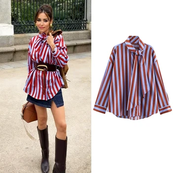 Damen Neue Musikfestival-Chic-Bluse Locker Sitzende Gestreifte Bluse mit Schleife Einreihig Einfaches Lässiges