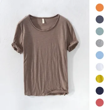 Retro-Raw-Edge-T-Shirt für Herren, 100 % Baumwolle, leicht, atmungsaktiv, schmale Passform, einfarbig