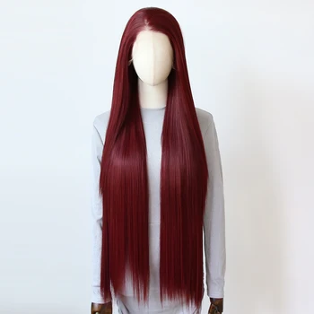 Weinrote synthetische Lace-Front-Perücke, 101,6 cm lang, gerade, dunkel, 99J, Burgunderrot