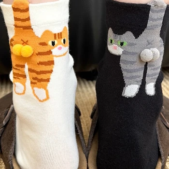 4er-Set lustige abstrakte 3D-Katzen-Po-Mid-Tube-Socken, Cartoon-Quirky-Baumwoll-Freizeitsocken