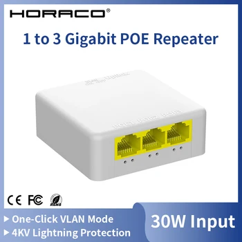 HORACO 4 Port Gigabit POE Extender 1000M Netzwerk Switch Repeater IEEE802.3af/at Plug&Play für PoE Switch NVR