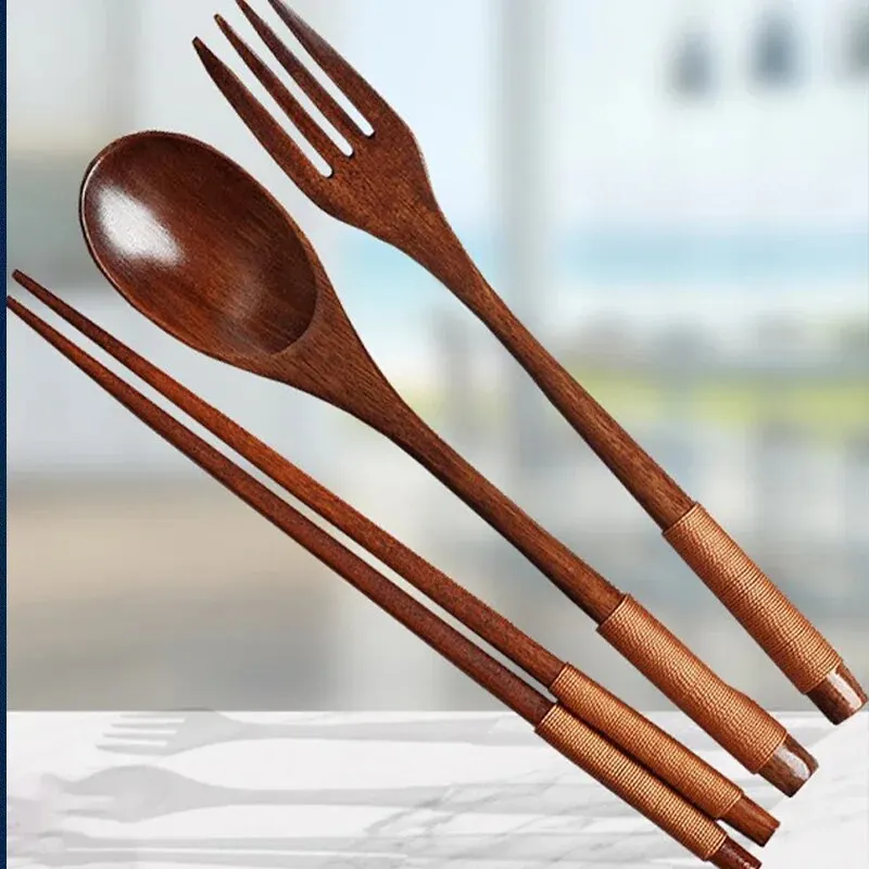 1pc Holz Stäbchen Gabel Löffel Drei-stück Set Schnur – Bild 5