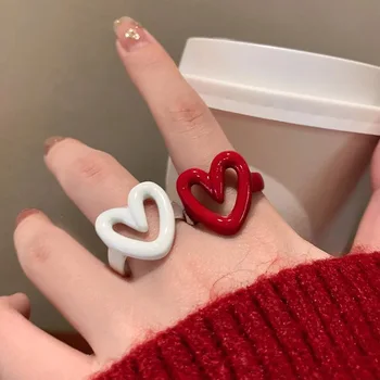 LATS Weiß Rot Emaille Herz Süße Ring für Frauen Mädchen Trendy Geometrische Tropft Öl Y2K Öffnung Ringe