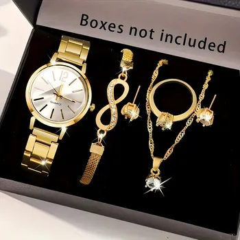 Damen-Uhren-Schmuckset - modische Quarzuhr + Kristall-Unendlichkeitsarmband, Halskette, Ohrringe (6 Stück)