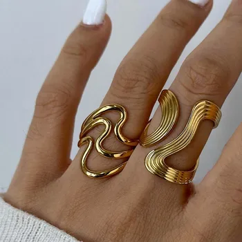 Edelstahl Unregelmäßige Welle Ringe für Frauen Männer Kreative Gold Farbe Verstellbare Öffnung Ringe Weibliche