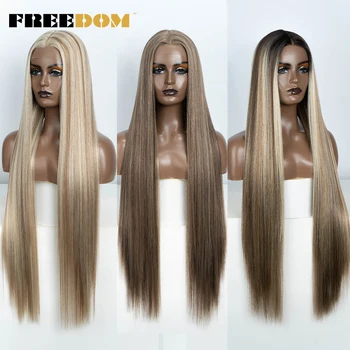 FREEDOM Gerade synthetische Spitze-Front-Perücke für Frauen, 96,5 cm lang, Ombre, Braun, Rot, Blond