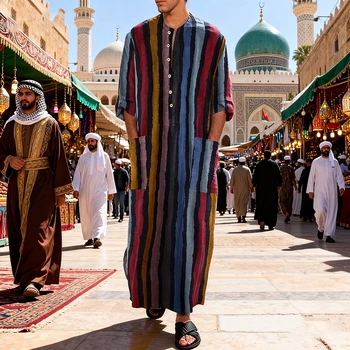Männer Islam Qamis Muslimischen Gestreiften Roben Langarm Taste-unten Arabischen Kaftan Anzug Nahen Osten
