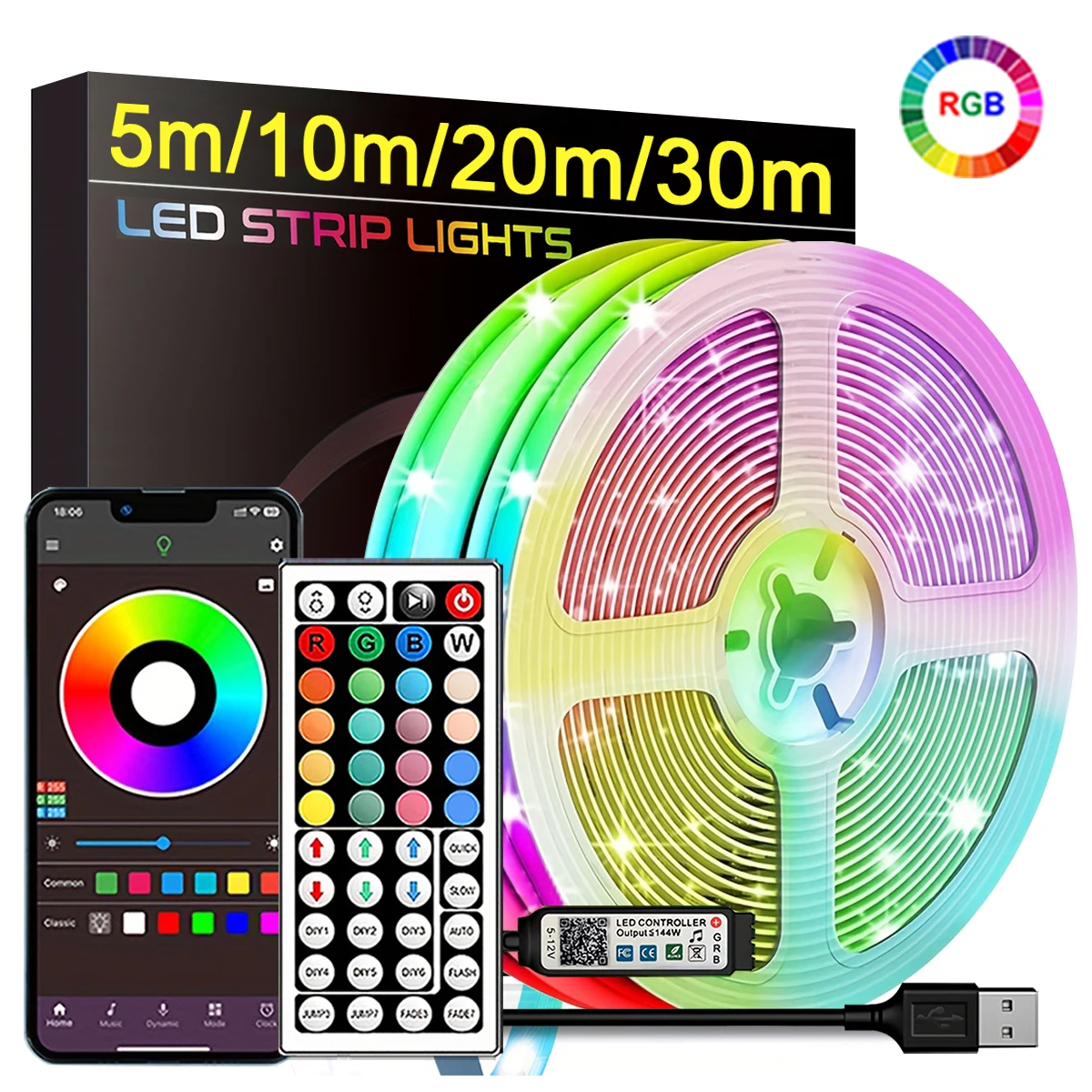 RGB-LED-Streifenlichter, 5 m, 10 m, 20 m, 30 m, LED-Raumlicht