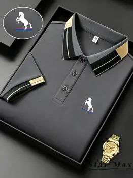 Luxuriöses Herren-Poloshirt mit kurzen Ärmeln und Pferde-Stickerei im Mailänder Stil, sommerliches