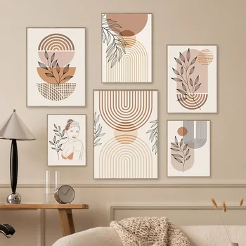 Boho Licht Farbe Block Leinwand Malerei Nordic Minimalistischen Linien Wand Kunst Menschen Blätter Wand Kunst