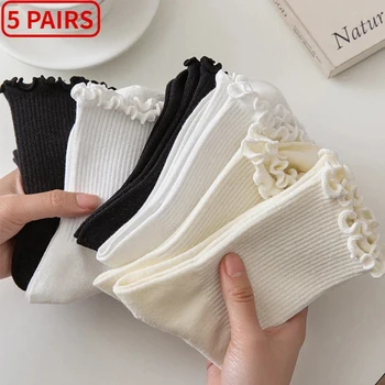 5 paare/los Socken für Frauen Rüschen Baumwolle Mittelrohr Knöchel Kurze Atmungsaktive Schwarz Weiß set