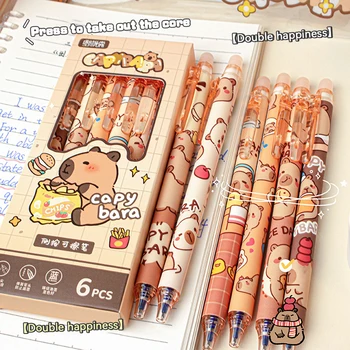 Capybara löschbare Stifte, 6 Stück, nachfüllbare Tinte, Gelstift, wischfrei, niedliches Tier, Schulbedarf