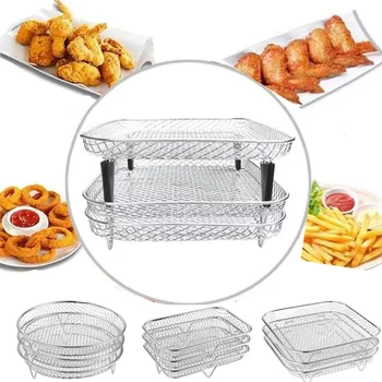 3-stöckiger Edelstahl-Grillkorb für Heißluftfritteuse, stapelbarer Dörrkorb, Heißluftfritteusen-Zubehör