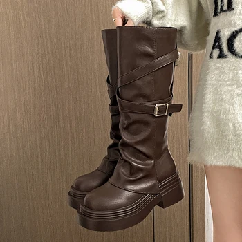 Vintage Starke Ferse Frauen Ritter Lange Stiefel Fashion Slip Auf Kniehohe Booties Herbst Winter Schuhe
