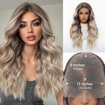 13*6 synthetische Lace-Front-Perücken, Ombre-Braun-Blond-Haar-Perücke für Frauen, langes gewelltes Haar