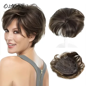 OLACARE Kurze Haaraufsätze im Pixie-Schnitt, synthetische Clip-in-Kopf-Topper-Verlängerung, flauschiges