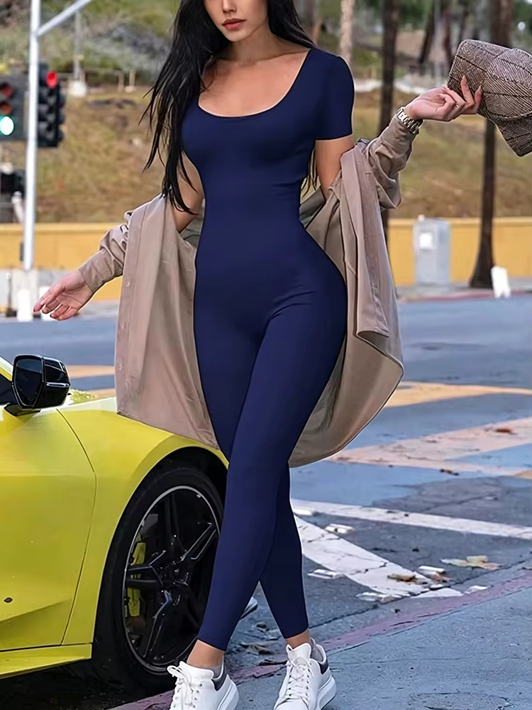 Damen Stram pler Kurzarm solide dünne Bodycon Overalls Mode – Bild 6