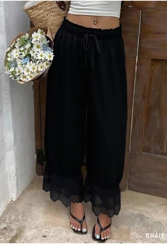 Damen-Hose mit weitem Bein, weißes Polyester, Spitzenbesatz am Saum, lässige, lockere Passform, Sommerhose