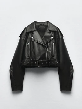 Ailegogo Frühling Herbst Frauen Faux Pu Leder Kurze Jacke mit Gürtel Motorrad Biker Weibliche Zipper Revers