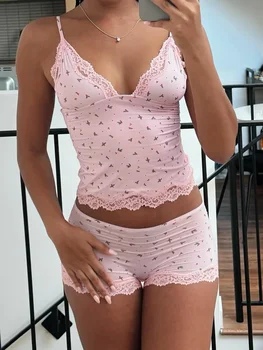 Sommer Zweiteiliges Pyjama-Set für Damen Nachtwäsche Blumenspitze Rosa Ärmellose Camisoles und Schlanke Shorts