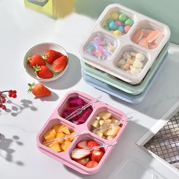 Wiederverwendbare Lunchbox mit 4 Fächern, Snack-Dim-Sum-Nuss-Süßigkeitsbox mit Deckel, Weizenstroh, vier