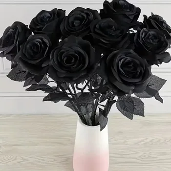 Künstliche schwarze Rosen, künstliche Blumen, langer Stiel mit Blättern für Halloween, Heimdekoration