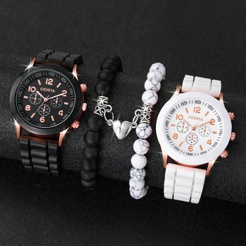 Paar Uhren Mode Arabisch Frauen Quarzuhr Casual Silikon Band Armbanduhren Magnet Herz-Förmigen (4 Stück)