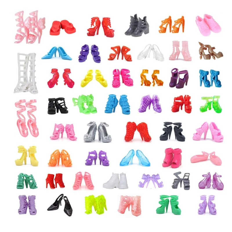 50 Paar Puppenschuhe, Pumps, Puppenstiefel, flache Schuhe