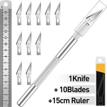 Bastelmesser Hobbymesser Exacto-Messer mit 11 Stück Exacto-Klingensatz aus Edelstahl, 1 Stück Stahl 15 cm