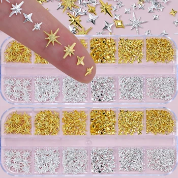12 Gitter 3D Gold Silber Stern/Kreuz Nagel Nieten Legierung Metallic Sternenlicht Nagel Charms (1000 Stück)