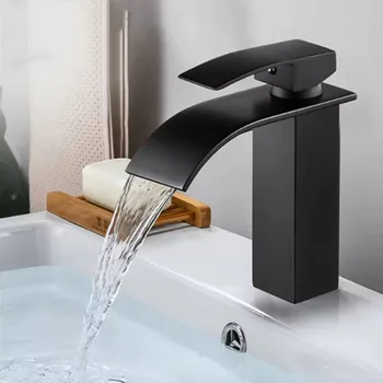 Wasserfall-Waschbecken, Edelstahl, hoher und niedriger Wasserhahn, schwarz, heißes und kaltes